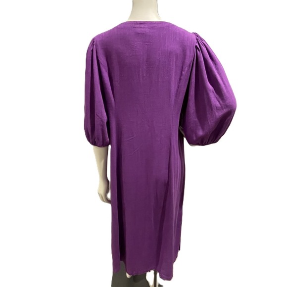 J.Jill Petite M Purple Puff Sleeve Linen Blend Midi Dress Button Front Boho - Picture 9 of 13
